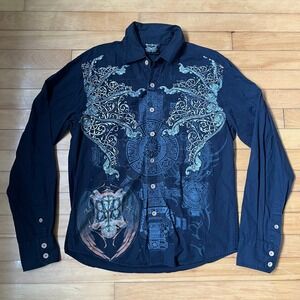 Brad Butter Mens Black Graphic Button Down Shirt Gothic Winged Crest Large